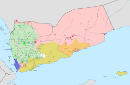 alt= Huidige militaire situatie in de Jemenitische Burgeroorlog: ■ In handen van het Revolutionair Comité ■ In handen van de regering en de Zuidelijke Beweging ■ In handen van Al Qaida/Ansar al-Sharia