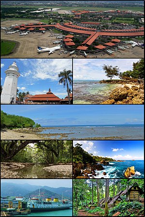 From left to right, top to bottom: Soekarno-Hatta International Airport, Great Mosque of Banten, Carita Beach, Tanjung Lesung, Ujung Kulon National Park, Sawarna Tourism Village, Port of Merak, Baduy People Villages