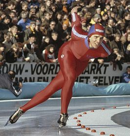 Eric Heiden tijdens een wedstrijd in maart 1980.