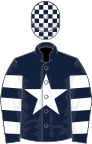 Dark blue, white star, hooped sleeves, check cap