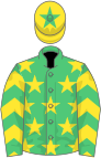 Emerald green, yellow stars, yellow and emerald green chevrons on sleeves, yellow cap, emerald green star