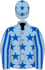 Light blue, royal blue stars, striped sleeves