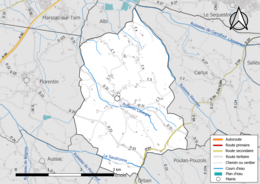 Carte en couleur présentant le réseau hydrographique de la commune