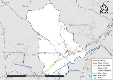 Carte en couleur présentant le réseau hydrographique de la commune