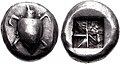 Image 32Silver stater of Aegina, 550–530 BC. Obv. Sea turtle with large pellets down centre. Rev. incuse square punch with eight sections. (from Coin)