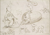 front: Beehive and witches. 1465-1516. pen en bruin inkt op papier. 19,2 × 27 cm. Wene, Graphische Sammlung Albertina.