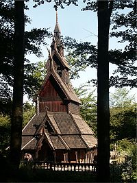 The Fantoft Stave Church, restored in 1997. Bergen, Fantoft2.jpg