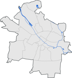 Mapa konturowa Gliwic, blisko centrum na prawo znajduje się punkt z opisem „Kościół św. Bartłomiejaw Gliwicach (nowy)”