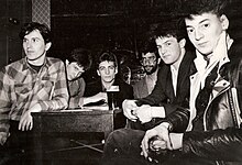 The Happy Refugees lineup that released Last Chance Saloon, photographed in 1982. From left: Paul Johnston, Nick Flynn, Tim Shutt, Kevin Rodgers, Paul Lamb, Paul Harvey.