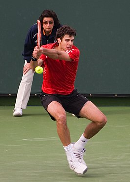 Mario Ančić in actie op het tennistoernooi van Indian Wells in 2008