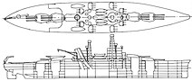 A line drawing of a ship with four gun turrets—two mounted each fore and aft—a large superstructure with two high masts, and a catapult over the third turret.