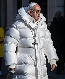 A fake Midjourney-created image of Pope Francis wearing a puffer jacket, which went viral in 2023 Pope Francis in puffy winter jacket.jpg