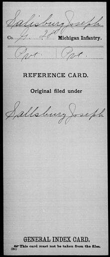 Thumbnail for File:Salisbury, Joseph - Unit- 28th Infantry, Company- G - Enlistment Rank- Pvt, Discharge Rank- Pvt - DPLA - cb64fbee5b362e1674584855c0fe1bbb.jpg