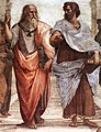 Image 14Plato (left) and Aristotle (right), a detail of The School of Athens, a fresco by Raphael. Aristotle gestures to the earth, representing his belief in knowledge through empirical observation and experience, while holding a copy of his Nicomachean Ethics in his hand, whilst Plato gestures to the heavens, representing his belief in The Forms.