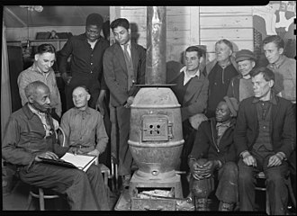 Unemployed men attend a meeting of the Workers Alliance Council in Scotts Run