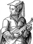 woodcut engraving of woman playing 4-course guitar, 16th century