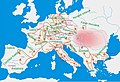 Image 9Hungarian campaigns across Europe in the 10th century. Between 899 and 970, according to contemporary sources, the researchers count 47 (38 to West and 9 to East) raids in different parts of Europe. From these campaigns only 8 were unsuccessful and the others ended with success. (from History of Hungary)