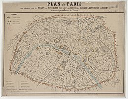 Plan gris avec des flammes oranges dessinées sur certains bâtiments.