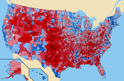 Suara populer menurut daerah. Merah mewakili daerah yang diungguli McCain, Biru mewakili daerah yang diungguli Obama. Connecticut, Hawaii, Massachusetts, New Hampshire, Rhode Island, dan Vermont memiliki semua daerah yang diungguli Obama. Alaska dan Oklahoma membuat semua daerah diungguli McCain.