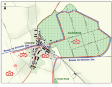 Colour map image depicting town and wood to the right of the town. Shows main access routes and positions of Allied and German forces on 15 July 1916