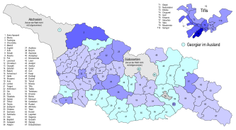 Stimmenanteile des Neun-Parteien-Oppositionsbündnisses unter Lewan Gatschetschiladse. Die höchsten Stimmenanteile für das Oppositionsbündnis gab es in Tiflis und im Westen des Landes. ﻿0–10 % ﻿>10–20 % ﻿>20–30 % ﻿>30–40 % ﻿>40–50 %