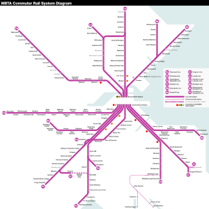 A stylized map of the MBTA Commuter Rail system