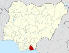 Uyo is located in Akwa Ibom State which is shown in red.