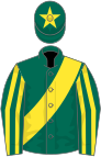 Dark green, yellow sash, striped sleeves and star on cap