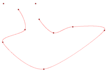 Cardinal spline example in 2D. The line represents the curve, and the squares represent the control points
p
k
{\displaystyle {\boldsymbol {p}}_{k}}
. Notice that the curve does not reach the first and last points; these points do, however, affect the shape of the curve. The tension parameter used is 0.1 Cardinal Spline Example.png