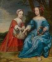 Portrait of William III, Prince of Orange, and Maria, Princess of Orange, as Children label QS:Len,"Portrait of William III, Prince of Orange, and Maria, Princess of Orange, as Children" label QS:Lpl,"Portret Wilhelma III, księcia Oranii i Marii Orańskiej jako dzieci" label QS:Lnl,"Portret van Willem III, prins van Oranje, en Maria, prinses van Oranje, als kinderen" 1653. oil on canvas medium QS:P186,Q296955;P186,Q12321255,P518,Q861259 . 130,7 × 108,4 cm. Den Haag, Royal Picture Gallery Mauritshuis.