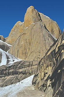 Great Trango Tower in Pakistan has the world's longest 'vertical' rock climbing route, which is the aid climb called The Grand Voyage (1,340 metres, VII 5.10 A4+ WI3) GreatTrango.jpg