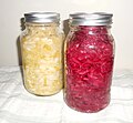 Homemade red and green sauerkraut in jars