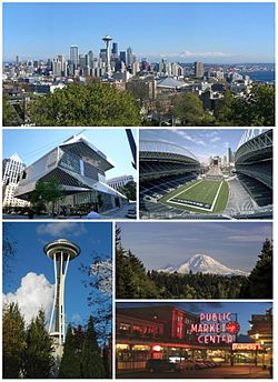 Z pravého horního rohu: panorama celého města, Seattleská ústřední knihovna, CenturyLink Field, Space Needle, Mount Rainier, Pike Place Market