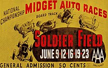 Advertisement for the stadium's second racing event in 1939 Soldier Field 1939 national championship midget auto races advertisement artwork.jpg