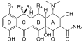 de: Allgemeine Struktur von Tetracyclinen, Ringe beschriftet; en: Generic structure of tetracycline antibiotics, rings labelled