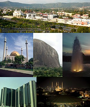 From top (L–R): View of a street in Maitama District, Abuja National Mosque, Zuma Rock, fountain in Millennium Park, Central Bank headquarters, and skyline of CBD at night