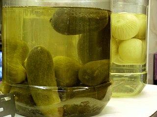 <span class="mw-page-title-main">Pickling</span> Procedure of preserving food in brine or vinegar