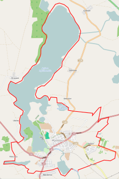 Mapa konturowa Myśliborza, na dole znajduje się punkt z opisem „Dawny klasztor Dominikanów w Myśliborzu”