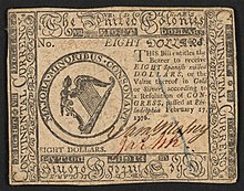 A 1776 eight-dollar banknote featuring the "United Colonies" name with the inscription ""EIGHT DOLLARS. THIS Bill entitles the Bearer to receive EIGHT Spanish milled DOLLARS, or the Value thereof in Gold or Silver, according to a Resolution of CONGRESS, passed at Philadelphia February 17, 1776." ; Within border cuts: "Continental Currency" and "The United Colonies". ; Within circle: â€œMAJORA. MINORIBUS. CONSONANT". ; Verso: "EIGHT DOLLARS. PHILADELPHIA: PRINTED BY HALL & SELLERS. 1776."