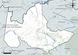 Carte en couleur présentant le réseau hydrographique de la commune