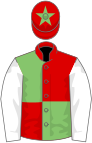 Red and light green (quartered), white sleeves, red cap, light green star