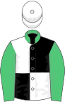 Black and white (quartered), emerald green collar and sleeves, white cap