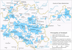 Thân vương quốc Brandenburg-Ansbach vào năm 1791, nằm chồng lên các đường biên giới hiện đại.