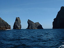 Stac Biorach (at left) and Stac Soay between Hirta and Soay Sound of Soay.jpg