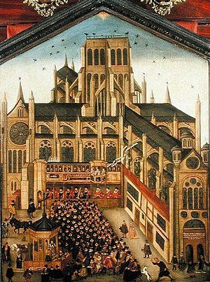 A sermon preached from St Paul's Cross (bottom left) in 1614 StPaul'sCross.jpg