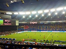 A match between Toronto FC and Montreal Impact in Olympic Stadium in Montreal, March 2013. The two clubs share a soccer rivalry referred to as the Canadian Classique, which later continues as the Impact became CF Montreal. Stade-olympique-impact-montreal-Toronto-FC-2013-03-16.jpg