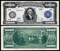 $5,000 Federal Reserve Note, Series 1918, Fr.1134d, depicting James Madison.