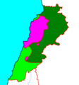 Image 1Map showing power balance in Lebanon, 1976: Dark Green – controlled by Syria; Purple – controlled by Maronite groups; Light Green – controlled by Palestinian militias (from History of Lebanon)