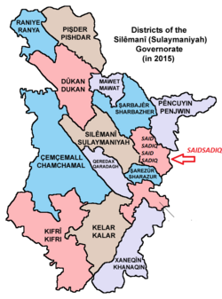 Districts of the Sulaymaniyah Governorate, with Saidsadiq indicated