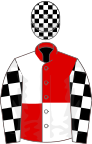 Red and white (quartered), black and white check sleeves and cap